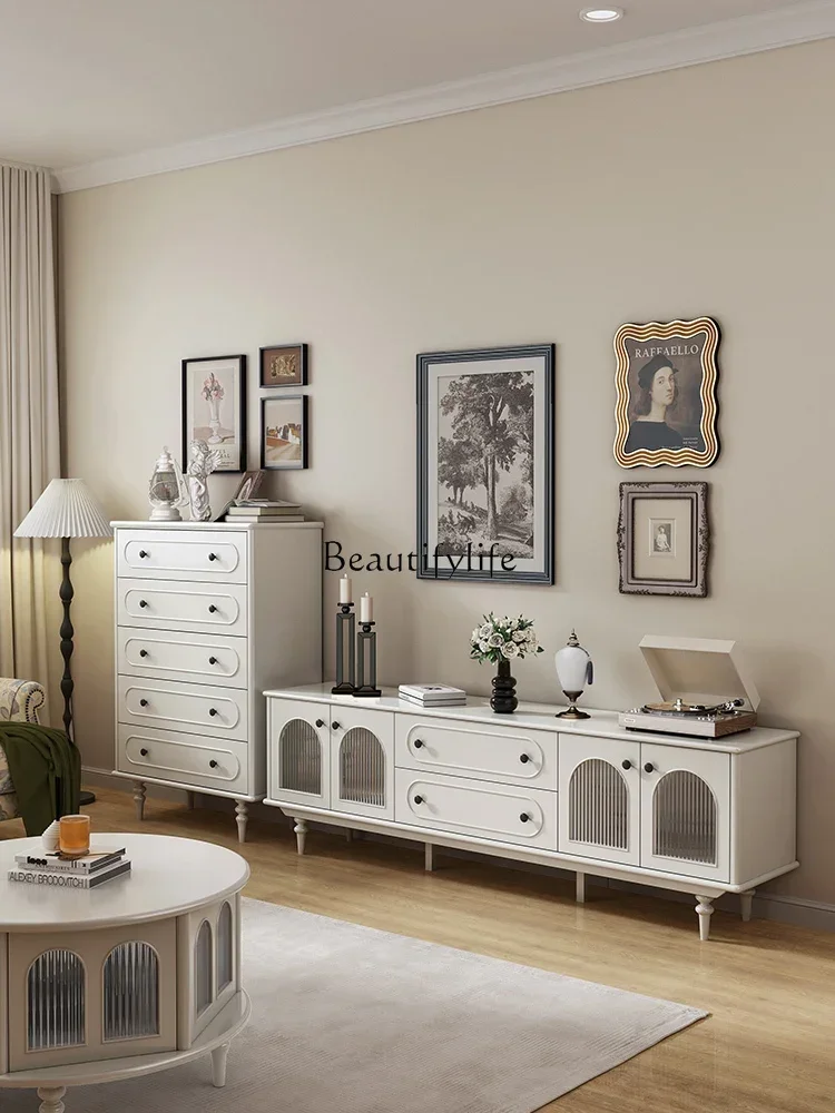 French cream chest storage living room against the wall bedroom bedside storage cabinet retro solid wood image 5