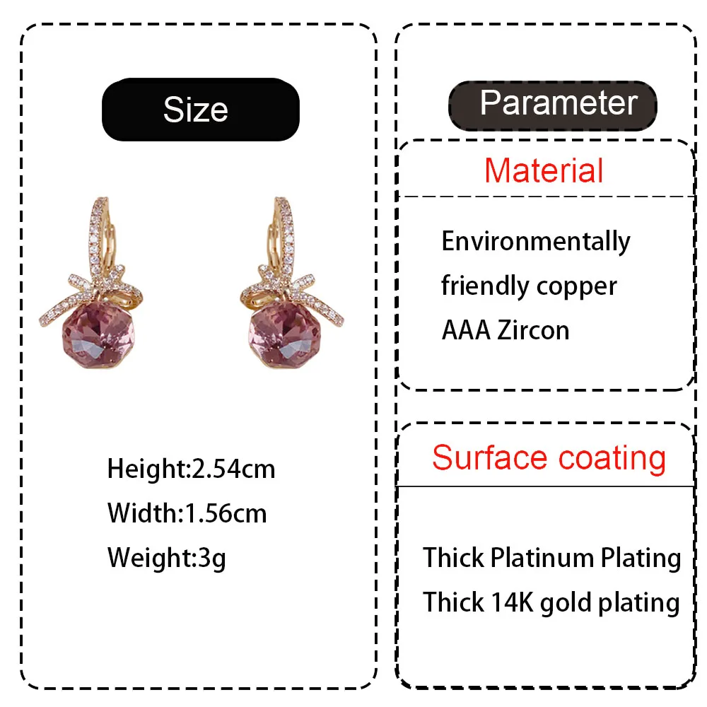 French Luxury Bow Square Zircon Earrings Delicate Shiny Crystal Hoop Earrings Minimalist High Grade Fashion Ear Jewelry Women