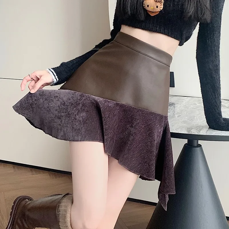 Irregular Splicing PU Leather Skirts Women Autumn New Elegant Versatile Solid Color High Waist Thin A-line Ruffled Skirts Female