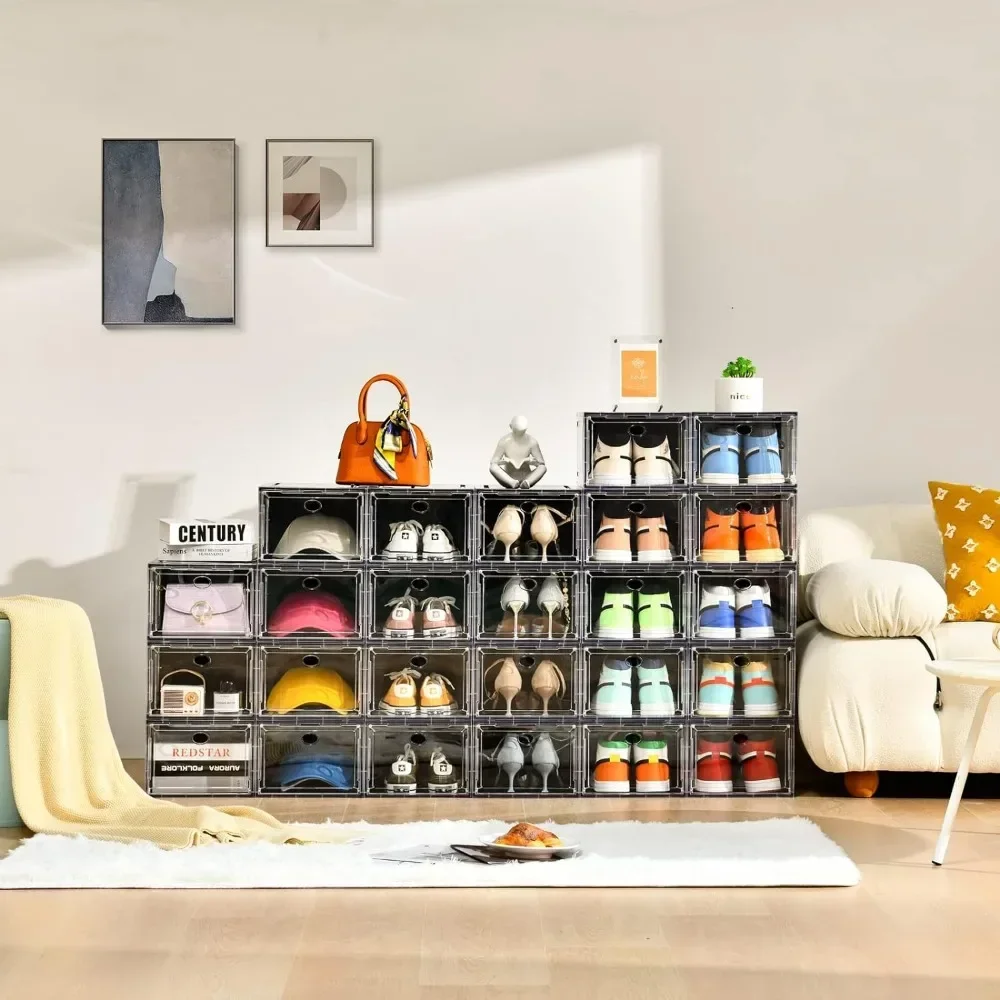 

y 10 Pack Shoe Boxes Stackable,Upgraded Sturdy Storage Boxes with Clear Magnetic Door