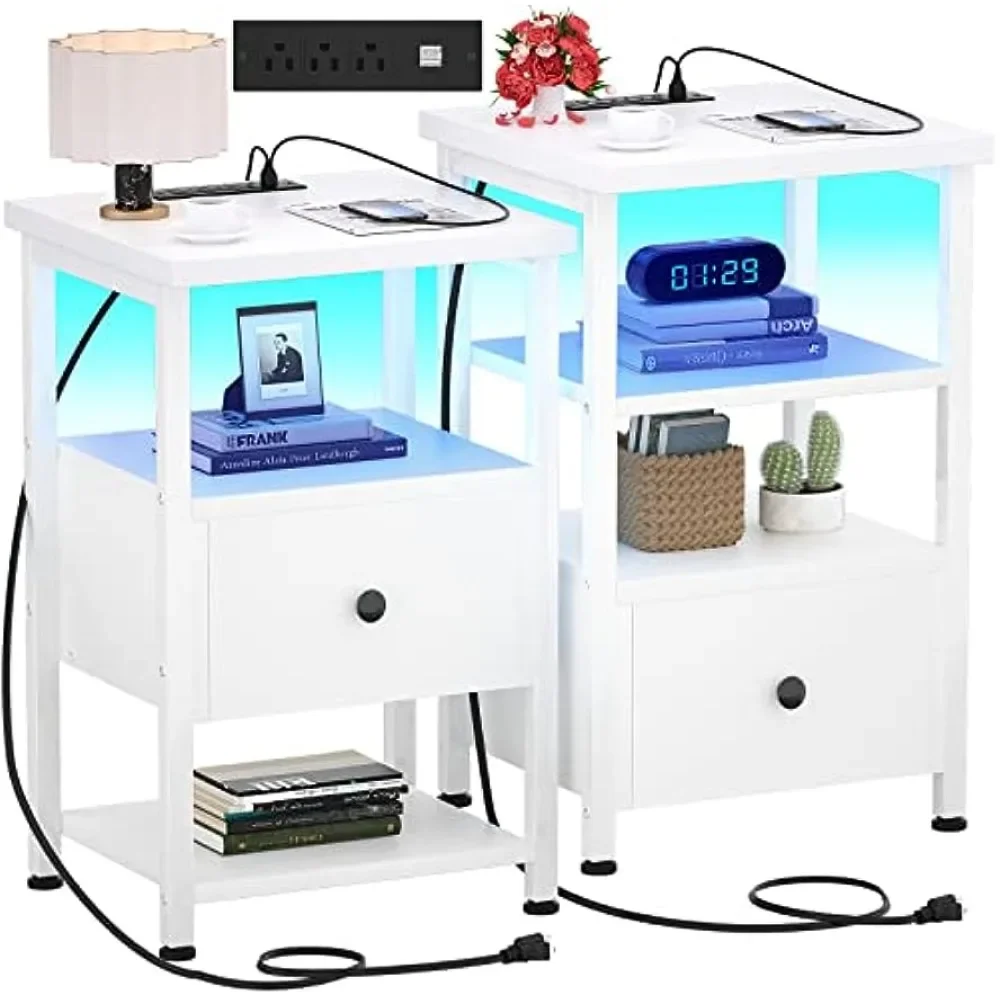 

Nightstands Set of 2, 3-Tier Nightstand with LED Lights, 26.8'' Nightstands with Charging Station and USB Ports, White