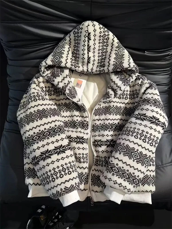 

Thiened Lamb Velvet Hooded Cotton Jaet Men's Winter Warm ort Sle Outerwear Casual Cleanfit Zipper Closure Geometry Pa...