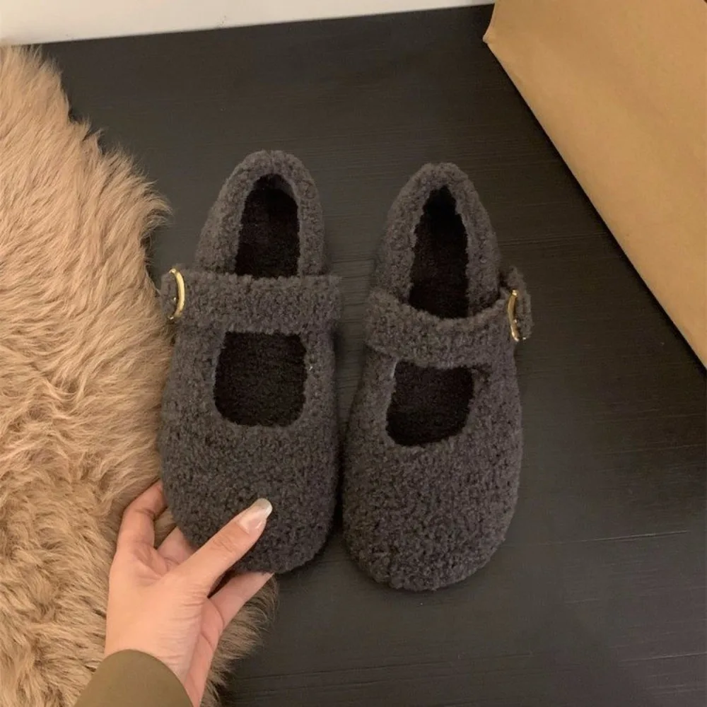 Fashion Square Toe Fleece Flet Ballet Flats Woman Winter Warm Wool Mary Jane Shoes Ladies Brand Design Elegant Plush Loafers
