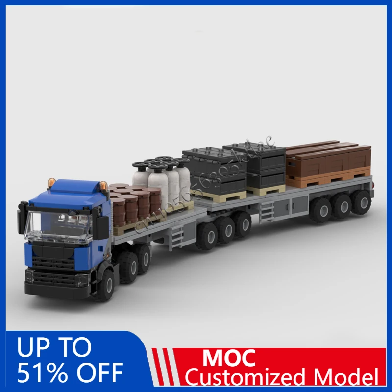 

592 PCS Customize MOC Model B Double Flatbed Truck 18 Wheeler Building Block DIY Puzzle Assembly Toy For Children Festival Gifts