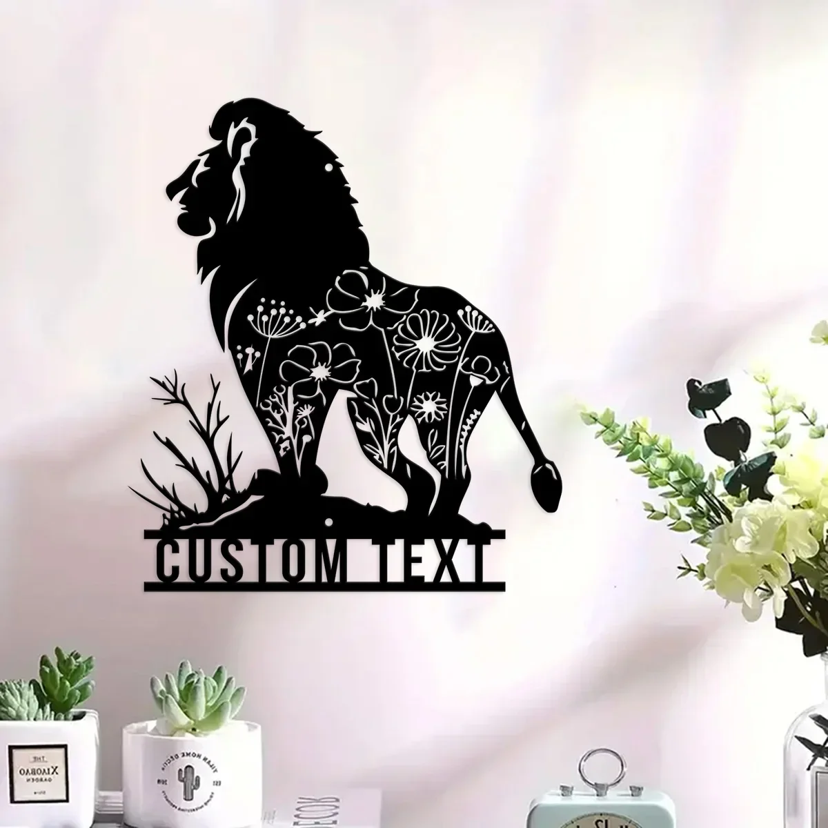 Custom Floral King Lion Metal Wall Art Personalized Wild Flower Lion Lover Name Sign Home Decor Wild Animal Kid Nursery