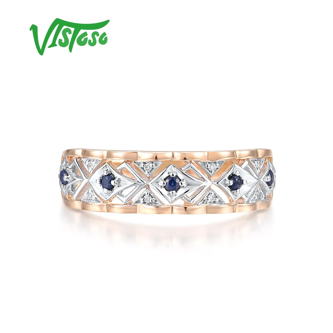 VISTOSO Pure 14K 585 Rose White Gold Ring For Women Sparkling Diamond Sapphire Classic Delicate Party Gifts Fashion Fine Jewelry