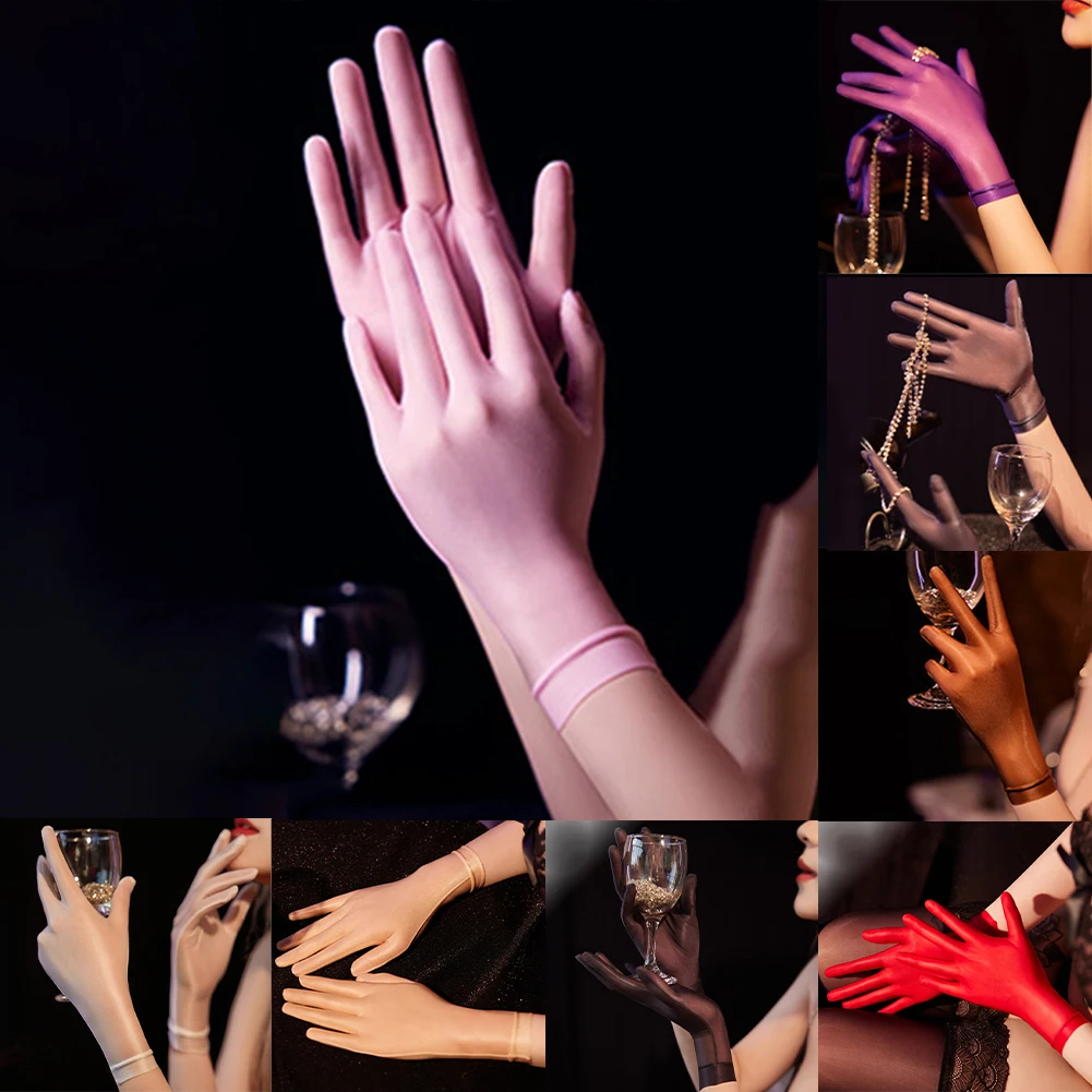 Ultrathin Short Glove For Sexy Women Smooth Candy Color See Through Dance Gloves Driving Sunscreen Oil Shiny Gloves