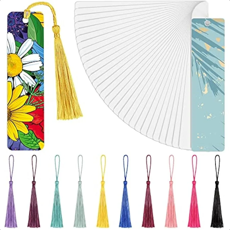 

Tenare 30 Pieces Sublimation Blank Bookmark Heat Transfer Metal Aluminum DIY Bookmark with Hole and Colorful Tassels for Crafts
