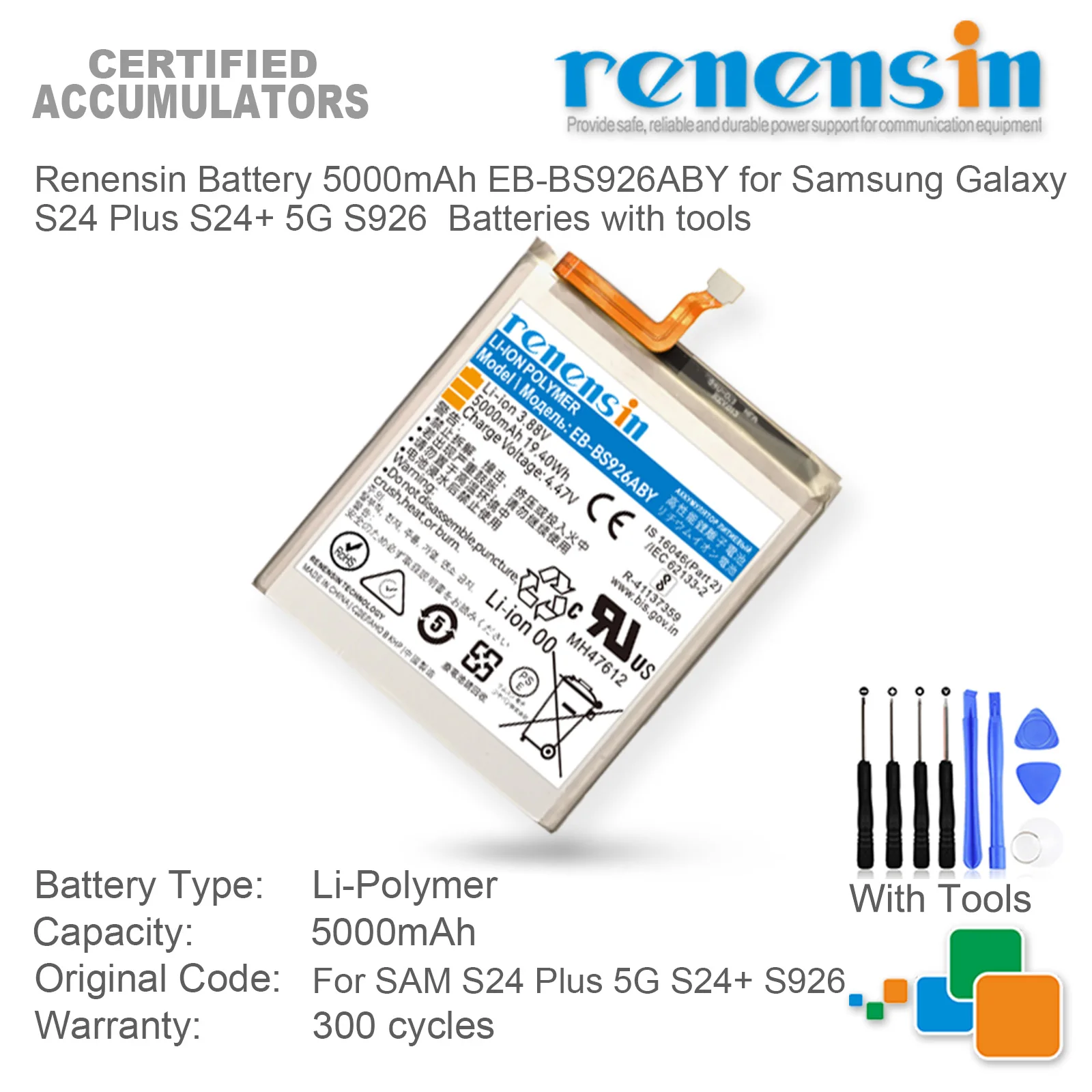 

Аккумулятор Renensin 5000 мАч EB-BS926ABY для Samsung Galaxy S24 Plus S24+ 5G S926, аккумуляторы с инструментами