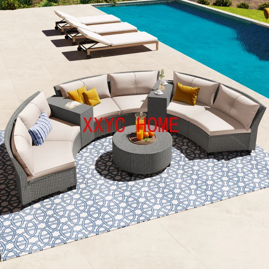 6 - Person Fan-shaped Rattan garden sofa Combination with Cushions and Table, Garden outdoor set, Easy Assembly