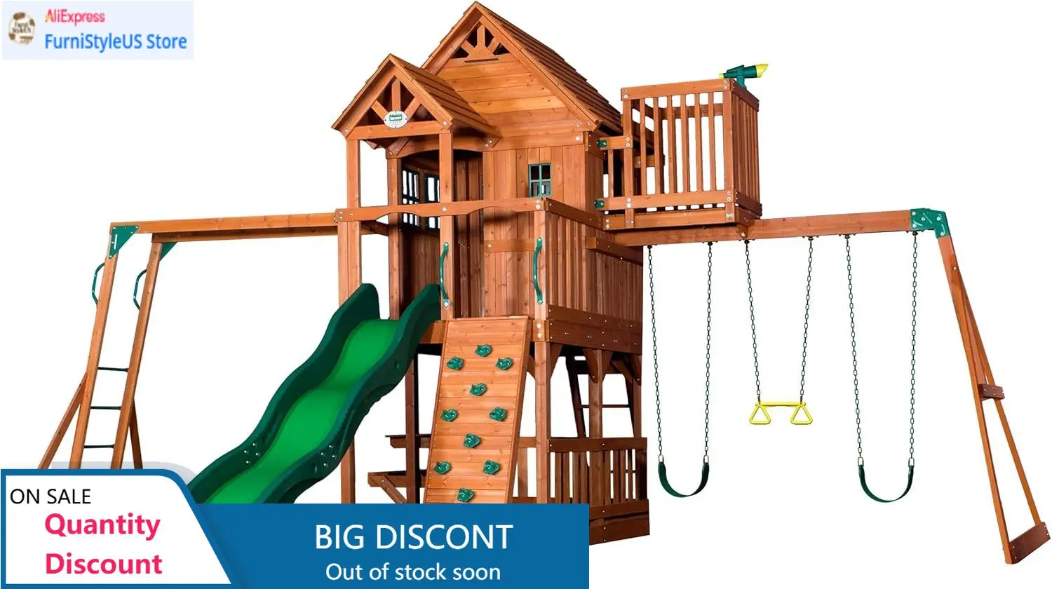 

Современный игровой комплекс ModernSkyfort II из кедрового дерева с волновой горкой, приподнятым домиком, гимнастической сеткой, балконом, ременными качелями, трапецией