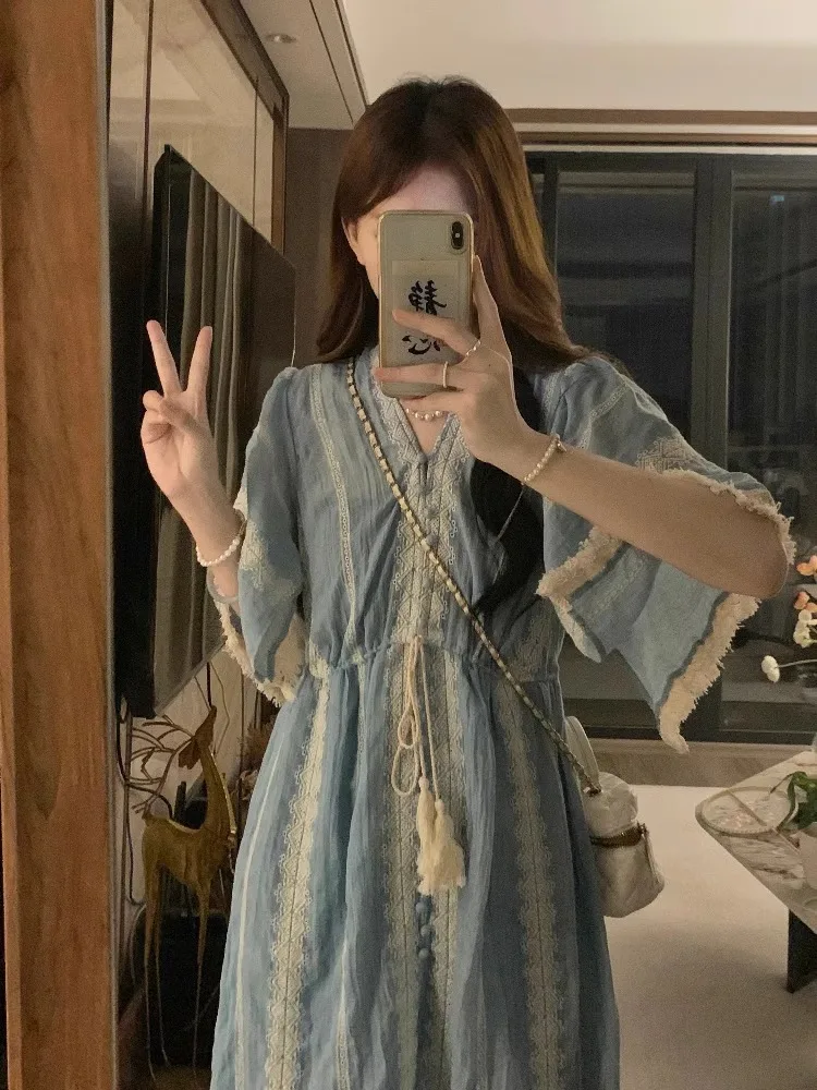 

Plus Size n Large Size Women's Dr Summer New Embroidery High Waist Beach Coast Long Skirt Korean Sle A-Line Casual V-Ne