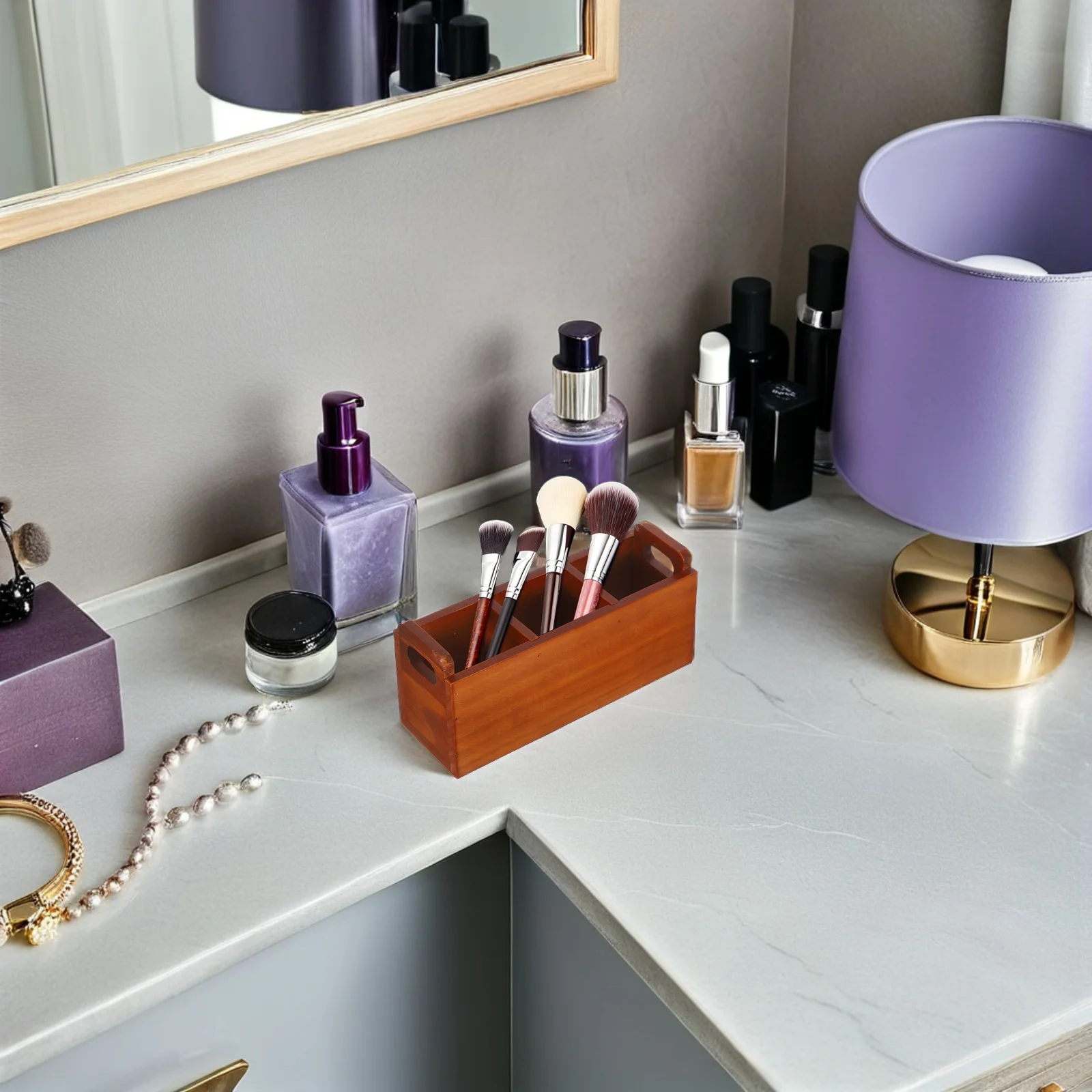

Wood Makeup Organizer 3 Slots Portable Makeup Brush Storage Box Dual Side Handle Desktop Brush Holder Cosmetics Stationery Pen