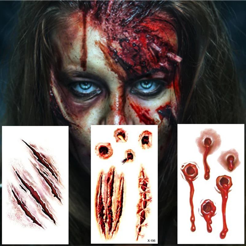 Halloween Horror Fake Temporary Tattoo Zombie Costume Cosplay Blood Wound Bleeding Scar Variety Party Face Decals Prank Supplies