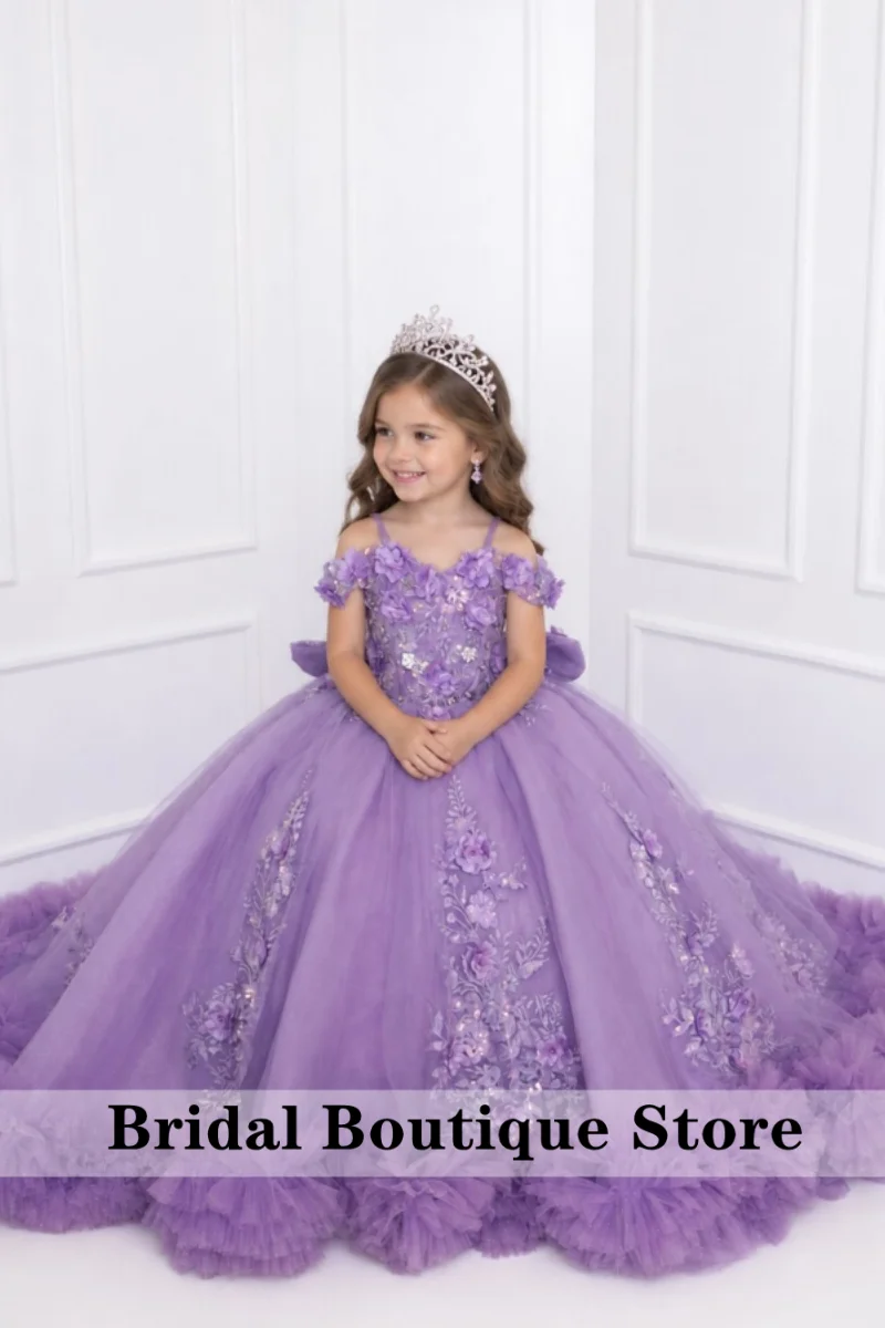 

Customized Blue Flower Girl Dress For Wedding Appliques Floor Length Gorgeous Princess Birthday First Communion Pageant Gown