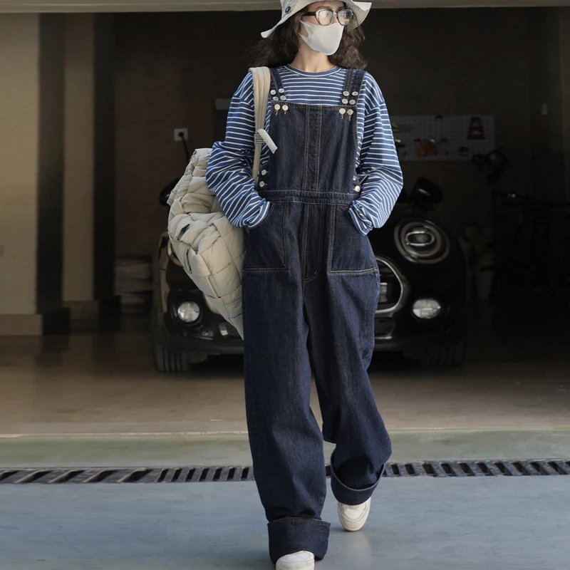 

Johnature 2024 New Japanese Vintage Wide Leg Denim Jumpsuits Spring Casual Adjustable Loose Full Length Women Bodysuits