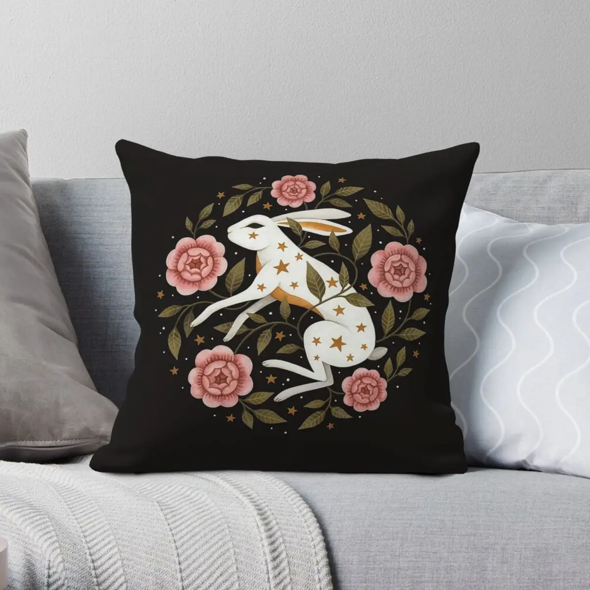 Rabbit Entangled In Beauty Flowers Square Pillowcase Polyester Linen Velvet Pattern Zip Decor Pillow Case Sofa Cushion Cover