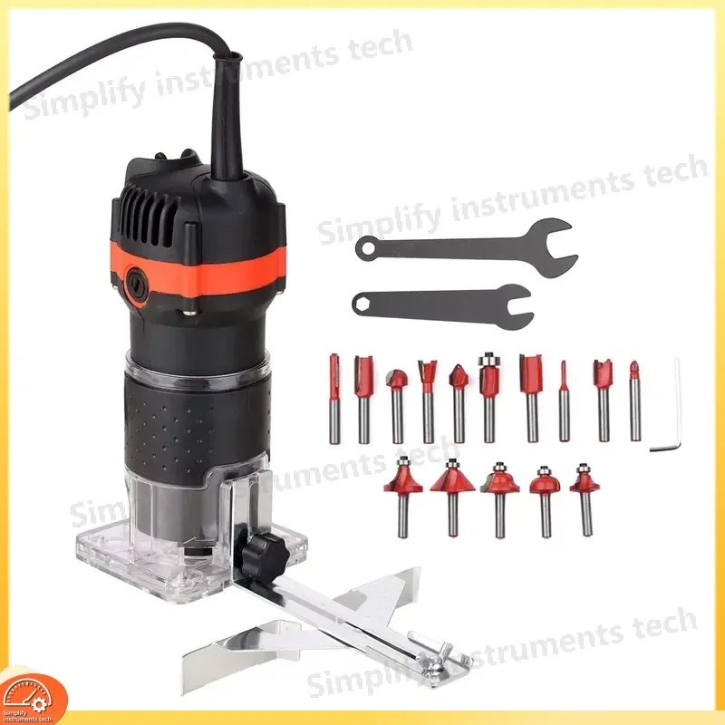 Portable Woodworking Trimmer Multifunctional Edge Router with 15 Piece Milling Cutter Set Power Tool for DIY