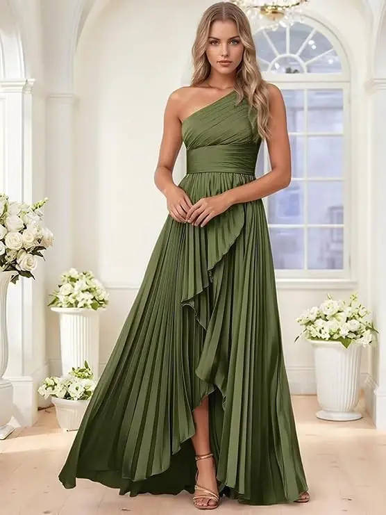 Women's One Shoulder Bridesmaid Dresses with Slit Pleated Chiffon High Low Long Formal Evening Dress for Wedding