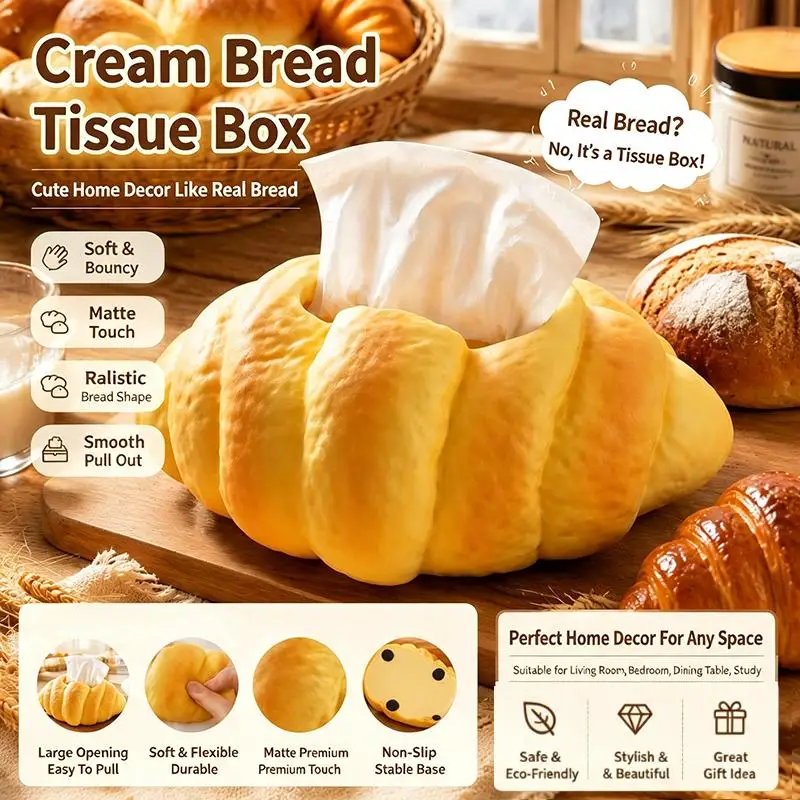 Croissant Shaped Tissue Box Cute Bread Napkin Holder Decorative Desktop Container for Home Kitchen Countertop Decor