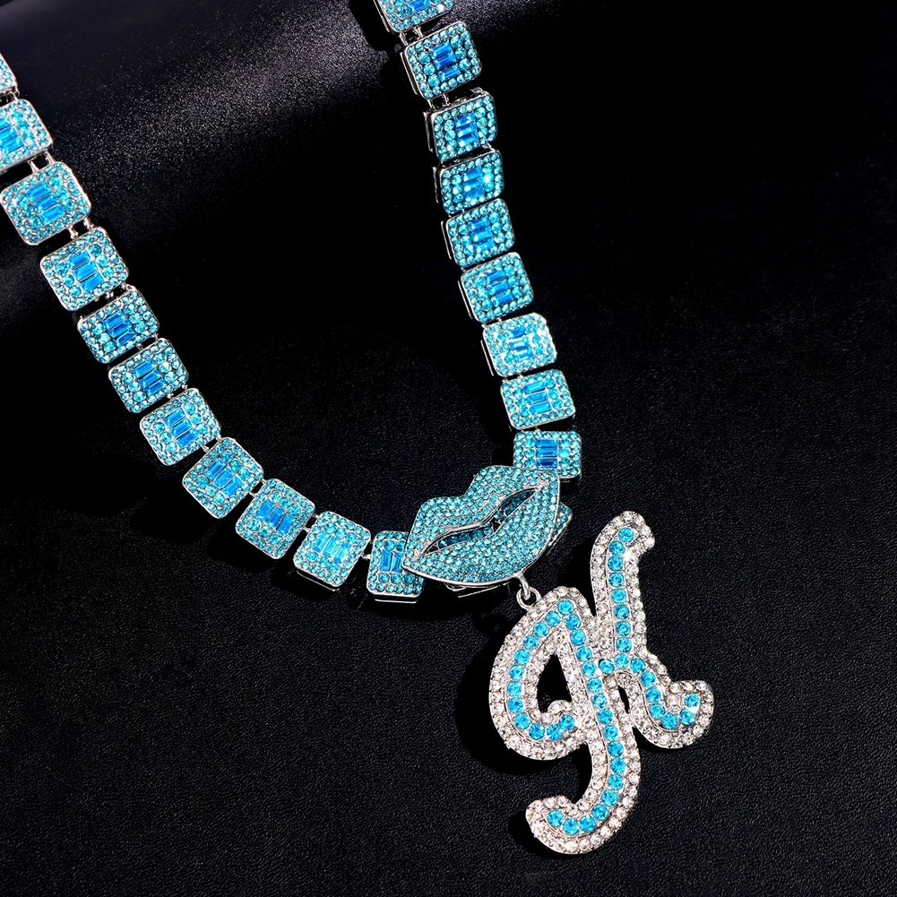 Iced Out Blue Cursive Initial Crystal Letter Necklace For Women High Quality Square Cuban Chain Baguette Rapper Necklace Jewelry