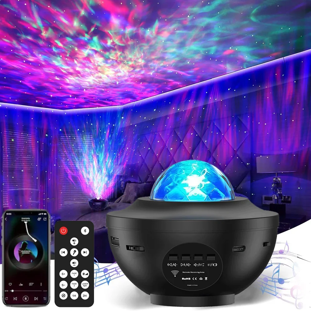 Starry Sky Projector Lamp LED Galaxy Projector Smart Bluetooth Music Speaker Night Light 10 Colors Ocean Wave Starry Home Decor