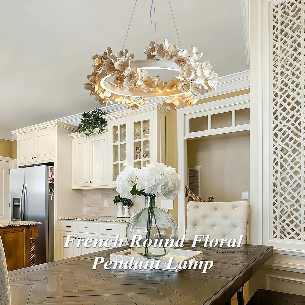 Nordic Round Floral Pendant Lamp For Living Dining Room Kitchen Table Cream White Resin Hanging Light Double Layer Chandelier