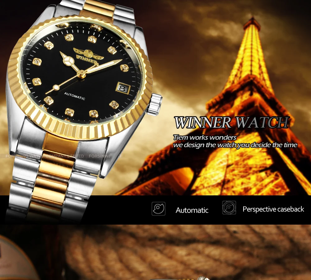 T-WINNER Luxury Brand Man Watch Date Automatic Mechanical Wristwatch Rhinestone Stainless Steel Trendy Business Male Timepieces