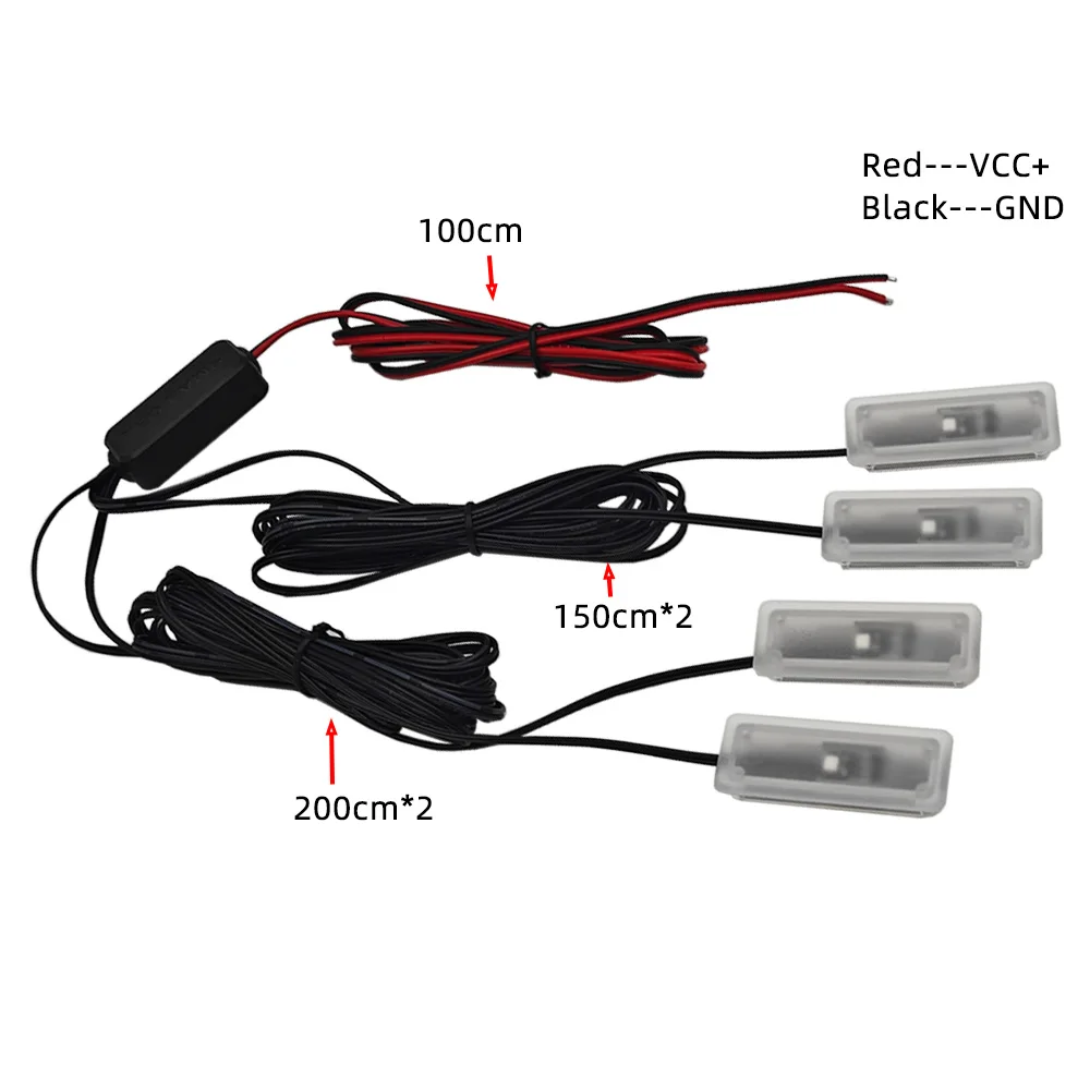 1-4 LED Ambient Light, Car Interior Floor Light, Connected to ACC Power Supply 12V Red White 6000K Blue Yellow Green Pink