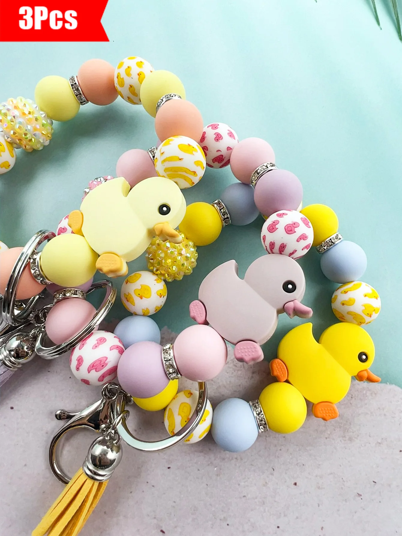 3Pcs BFF Duck Keychain Set - Pastel Beaded Wristlets, Perfect Friendship Gifts for Sisters & Friends