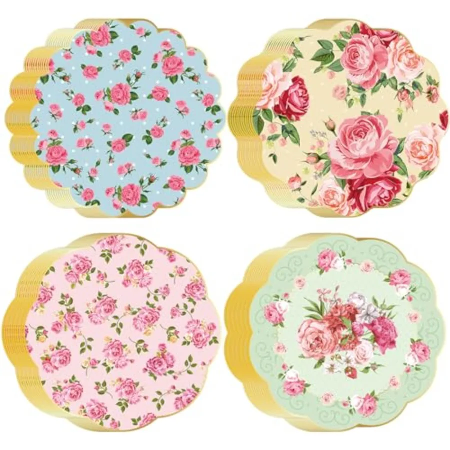 

Dandat 100 Pcs Floral Tea Party Napkins 3 Ply Disposable Vintage Flower Guest Napkins Scalloped Tea Party Dinner Table Paper To