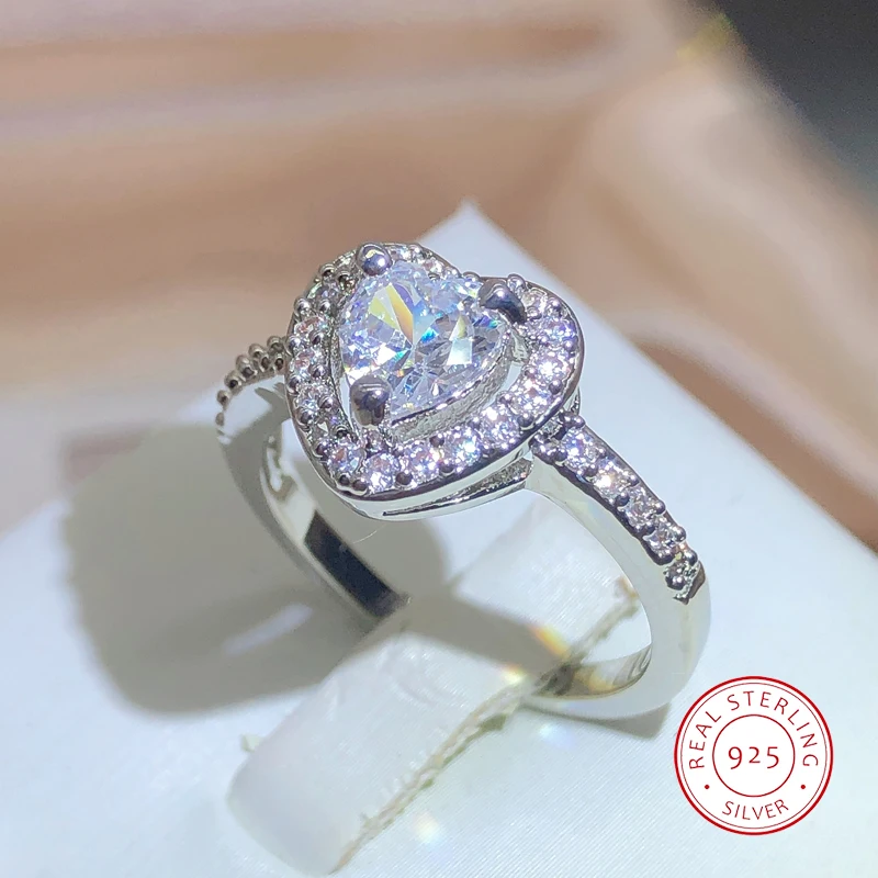 

Romantic Love White Zirconia Ring 925 Stamped Heart Bling Bling Zirconia Wedding Proposal Valentine's Day Ring
