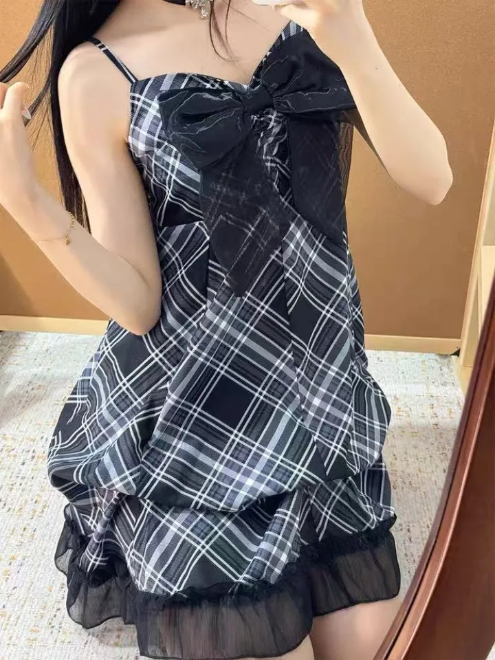 2025 Vintage Black Lace Cami Dress Women Summer A-Line