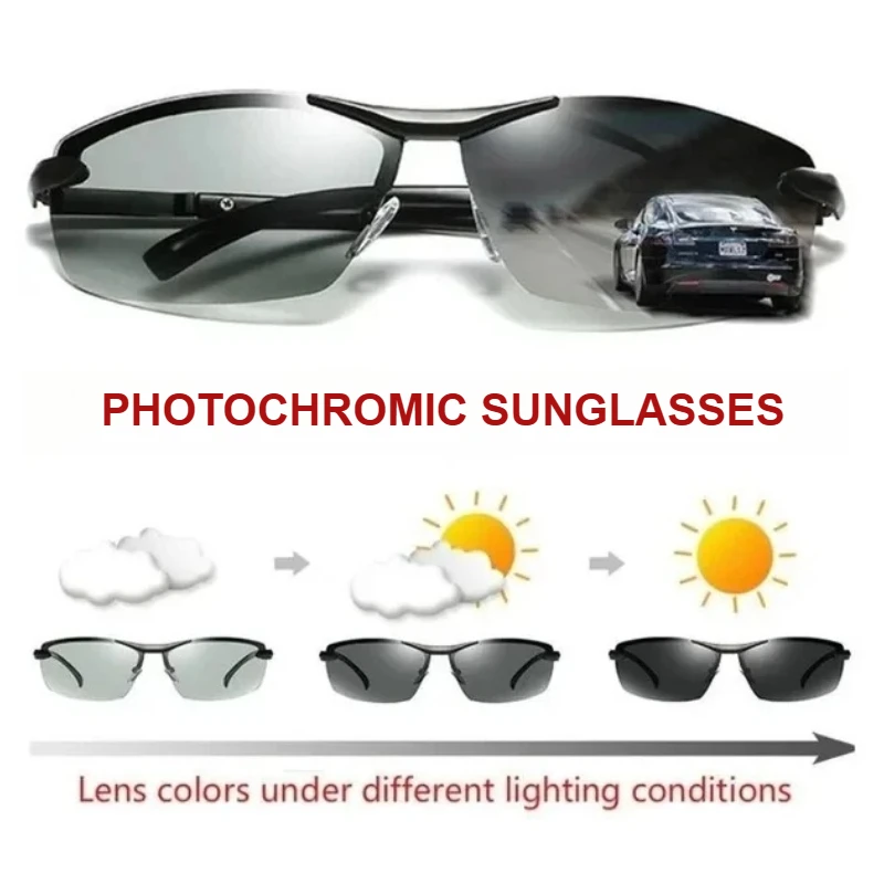 

Polarized Photochromic Sunglasses Men Aluminum magnesium Frame Top Lens Driving Day and Night Vision Goggles Sun Glasses
