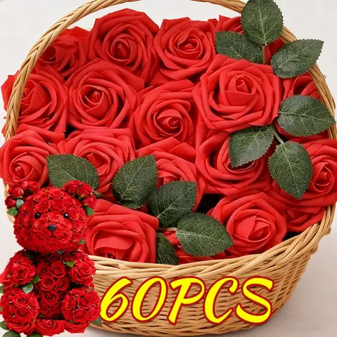 60/5PCS Artificial Rose Foam Flowers for Wedding Car Home Decoration DIY Pompom Wreath Bouquet Valentine Day Fake Roses Garland