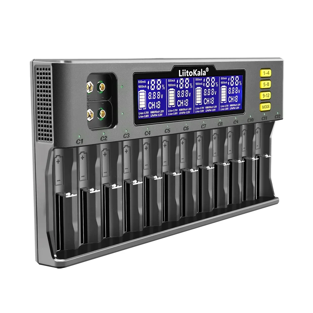 مقارنة أحجام البطاريات المتوافقة مع شاحن LiitoKala Lii-S12، بما في ذلك 18650 و 21700 و AA