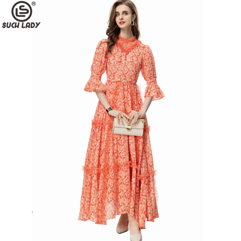 Women's Runway Dresses O Neck 3/4 Sleeves Floral Printed Tiered Elegant Party Prom Gown