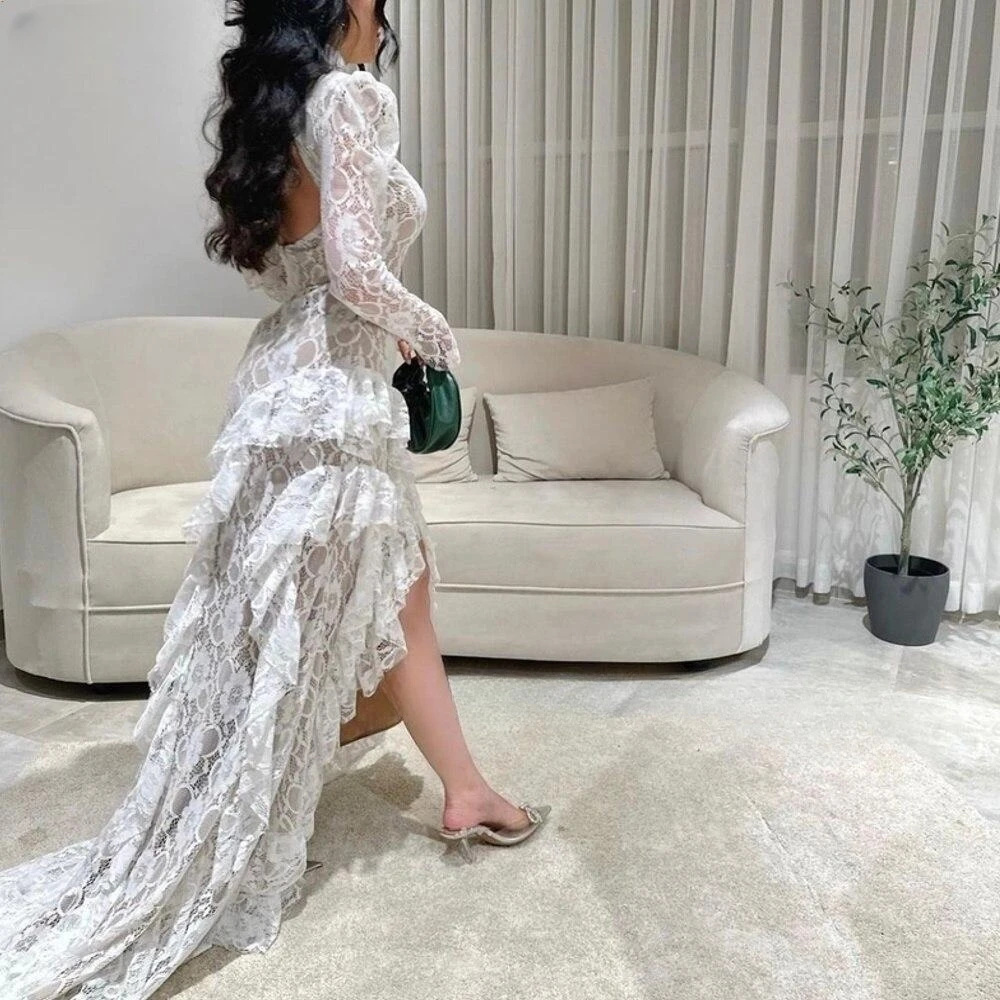 Customized Ruffles Lace Saudi Arabia Prom Dresses High Collar Long Sleeves Formal Occasion Party Gowns Backless Evening Dress