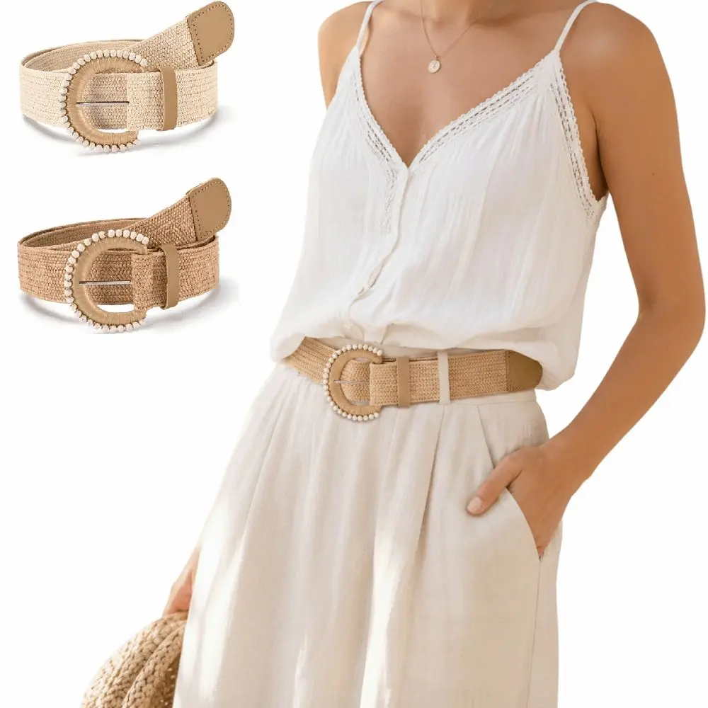 Retro Braided Elastic Belt Bohemian Style Adjustable Needle Buckle Belt Durable Faux Pearl Decor Straw Woven Belt for Women