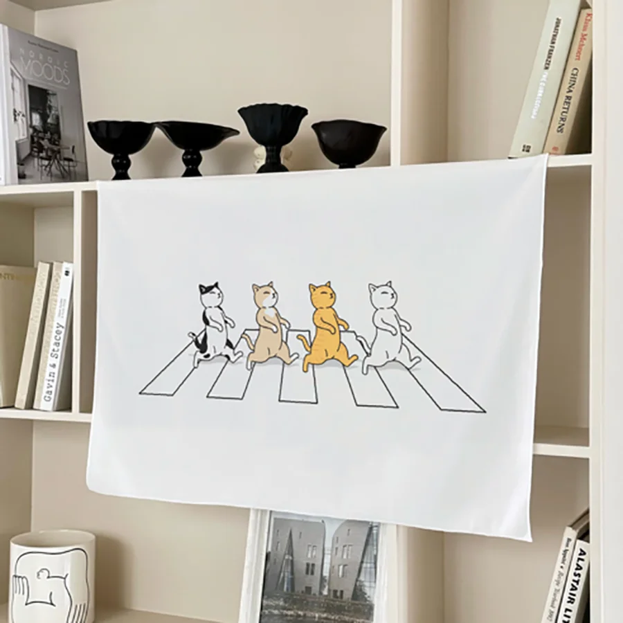 1PCS Digital Print Tapestry, Four Cats Abbey Road Crosswalk Funny Line Art, Cute Kitty Minimalist Style for Bedroom Living Room