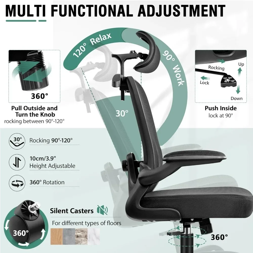 Chaise de Bureau Ergonomique avec Support Lombaire 3D, Dossier Haut Confortable, Repose-Sauna