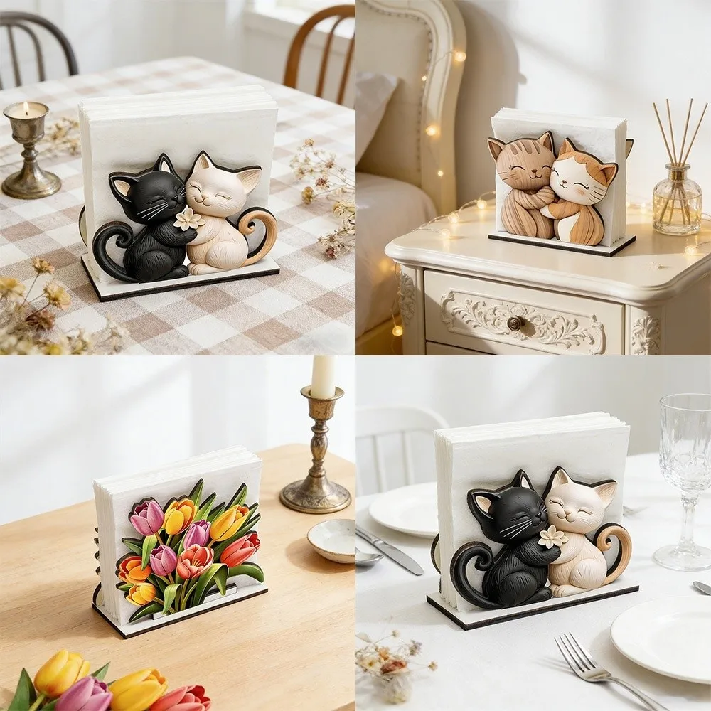 Adorable Cat Shape Wooden Tissue Box Couple Cat Tabletop Decor Tabletop Tissue Organizer Black And White Wooden Tissue Holder