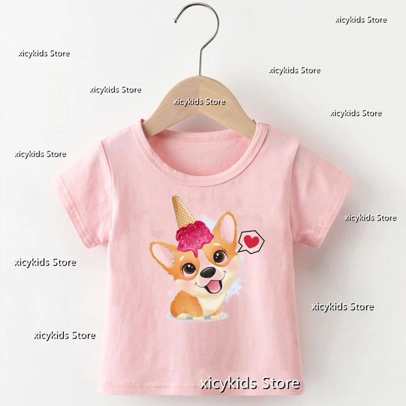 2023 Fashion T-Shirt For Gilrs Cute Little Shepherd Dog Doughnut Animal Print Girl Pink Shirt Tops Baby Tshirt Clothes Kids Tops