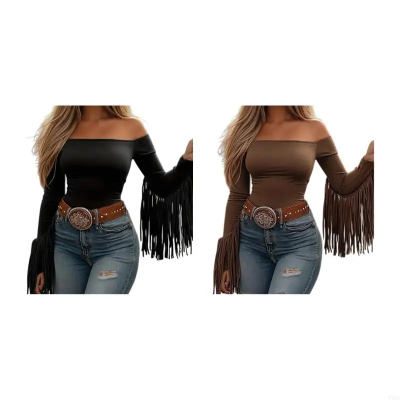 

77HE Womens Retro Western Cowgirl Off Shoulder Fringe Top Long Sleeve Stretch Tassels T-Shirt for Autumn Comfort Fashion Wear