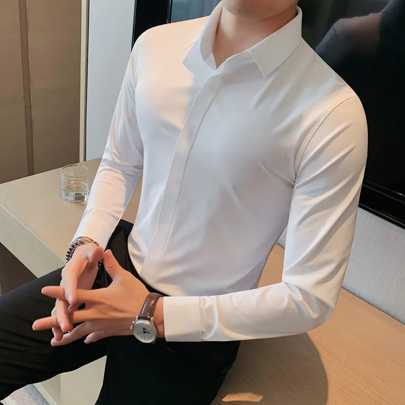 Hoge Elasticiteit Naadloze Shirts Mannen Top Kwaliteit Luxe Lange Mouwen Verborgen Knoopsluiting Shirt Mannen Business Slim Sociale Jurk Shirts