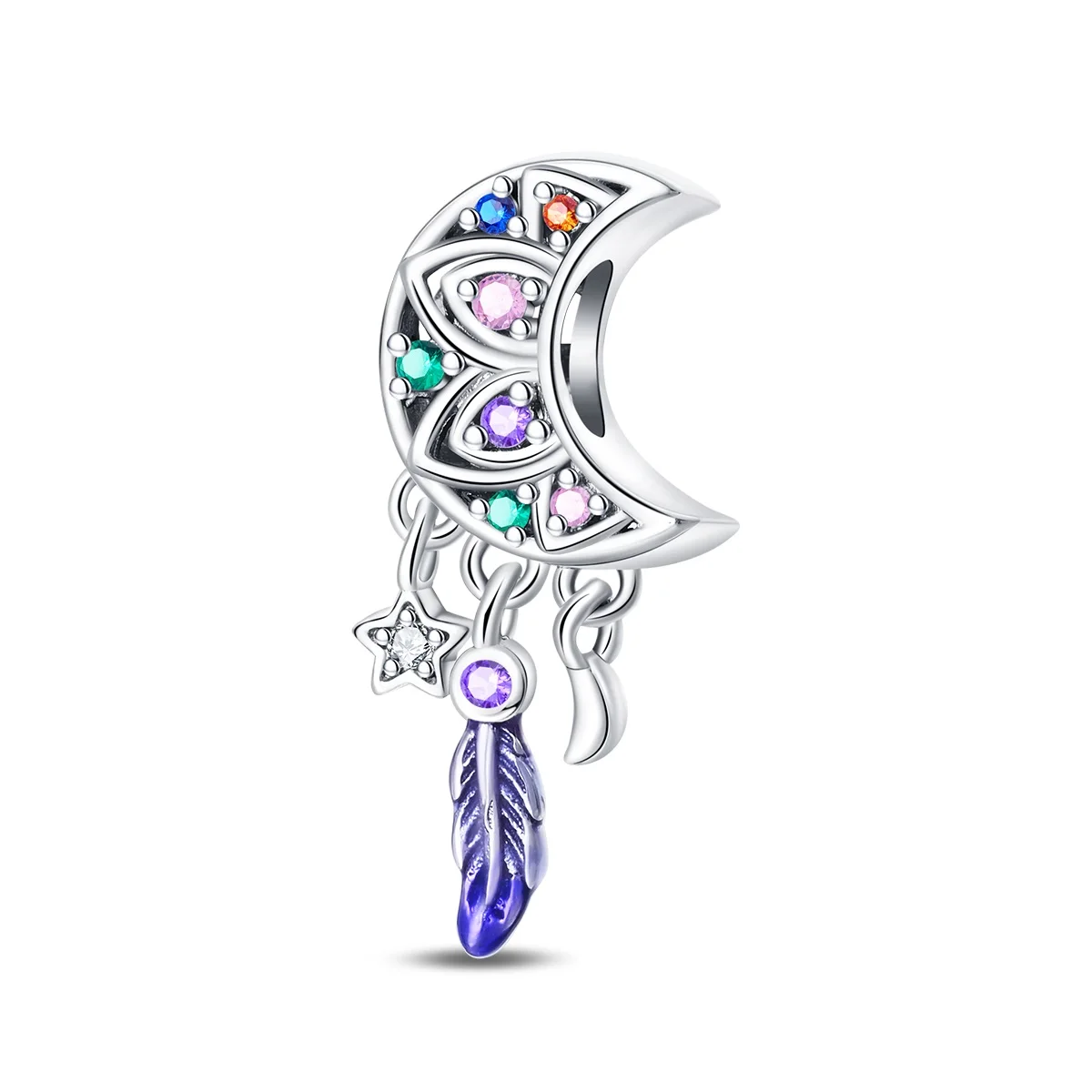 Versilberte 925er Silber-Charms mit Mond, bösem Blick, Feder und Stern, passend für 925er Charm-Armbänder, Perlen, Mondsegens-Schmuck, Geschenke für Frauen