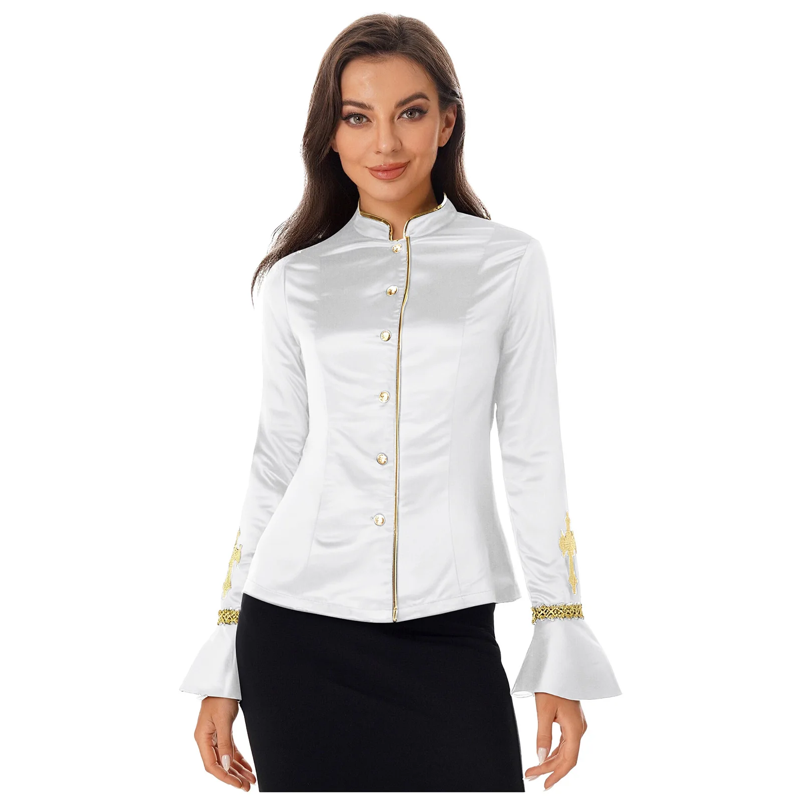 

Women Priest Clergy Shirts Embroidered Cross Long Sleeves with Bell Cuffs Jackets Coat for Church Chorus Halloween Cosplay Coats