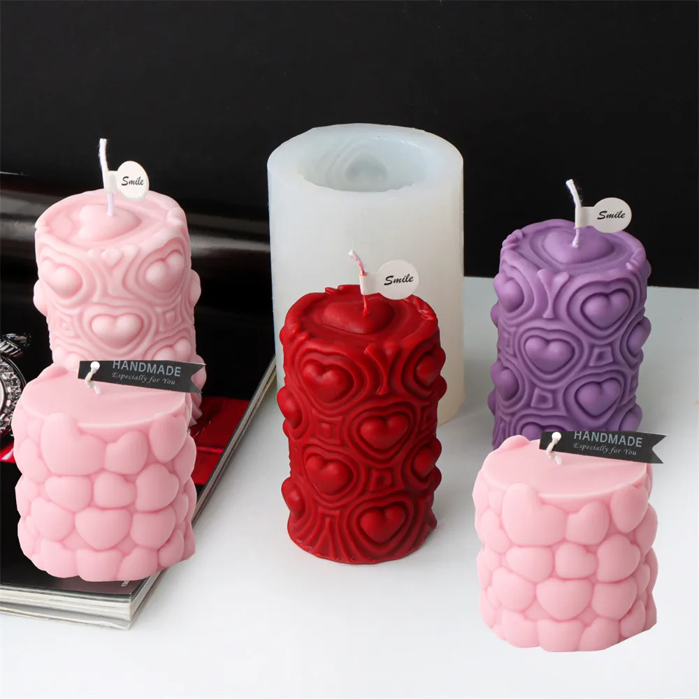 Geomeric Relief Hearts Soywax Pillar Scented Candles Silicone Lover Mold Love Heart Candle Wax Casting Valentine Wedding Favors