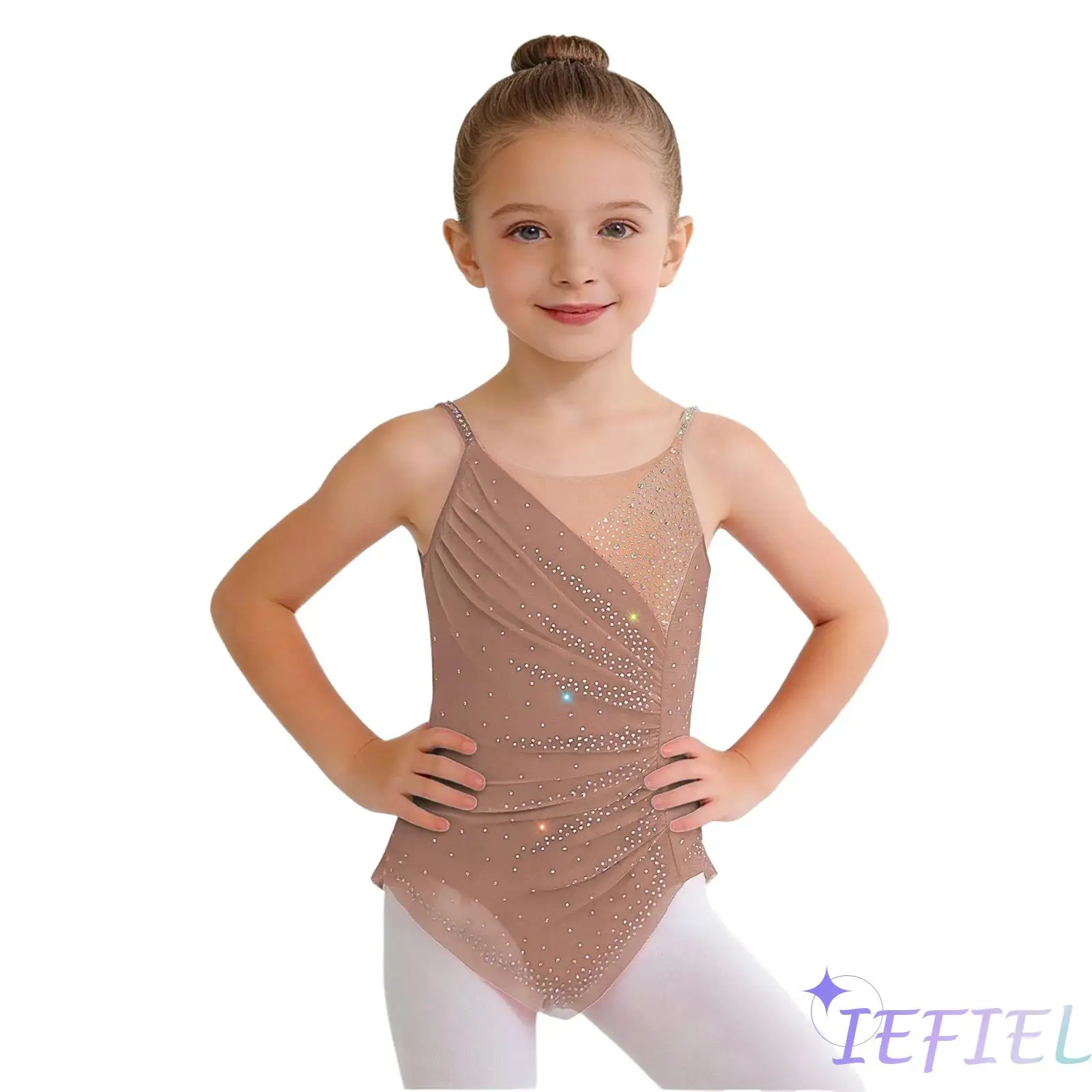 

Kids Girls Rhythmic Gymnastics Dance Costume Sleeveless Spaghetti Straps Ruched Mesh Patchwork Sparkling Rhinestones Latin Dress