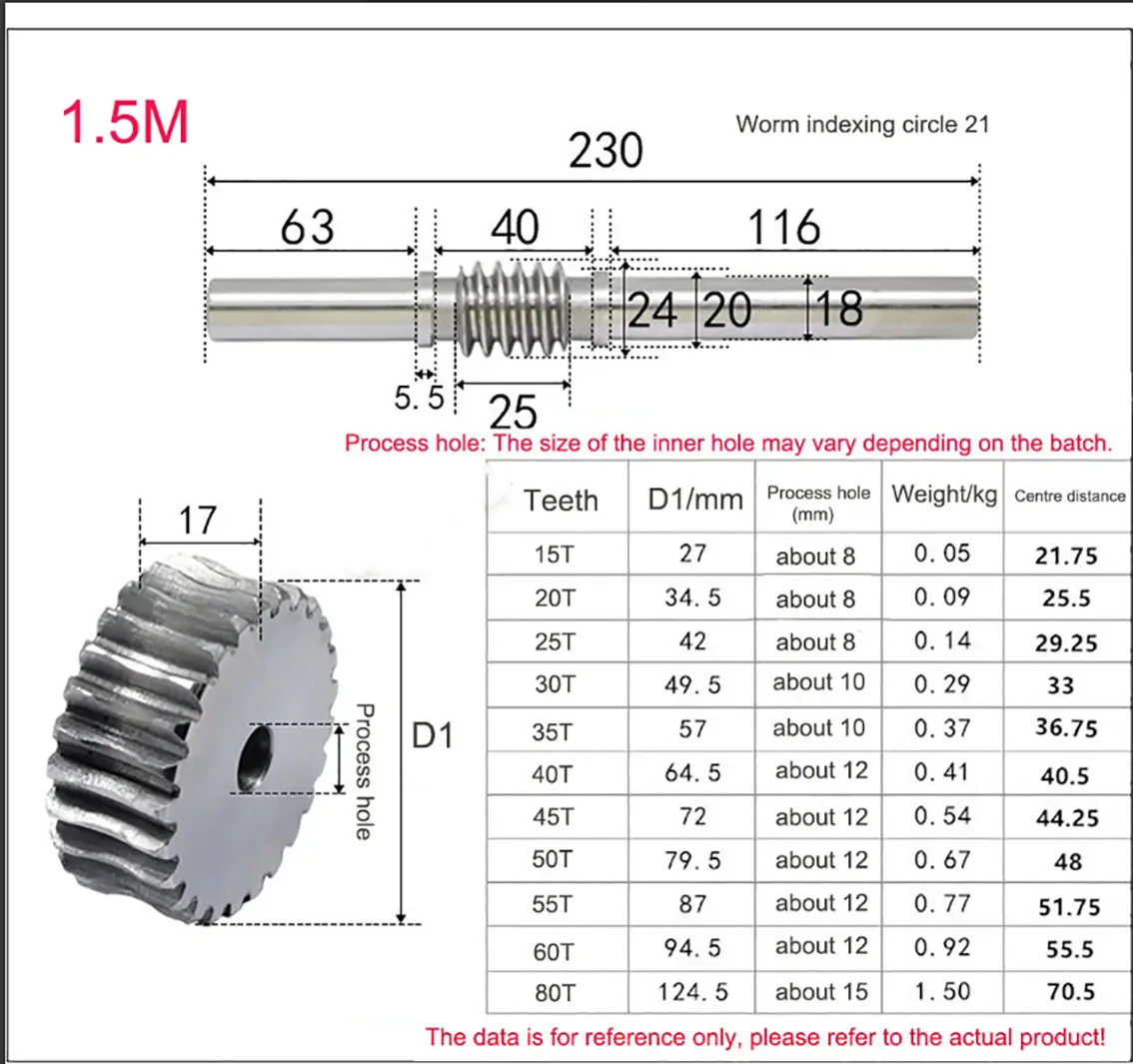 1 Set Worm Gear With Rod 1.5M Reduction Ratio 1:15/20/25/30/35/40/45/50/55/60/70/80 Teeth Worm Gear Reducer Transmission Parts